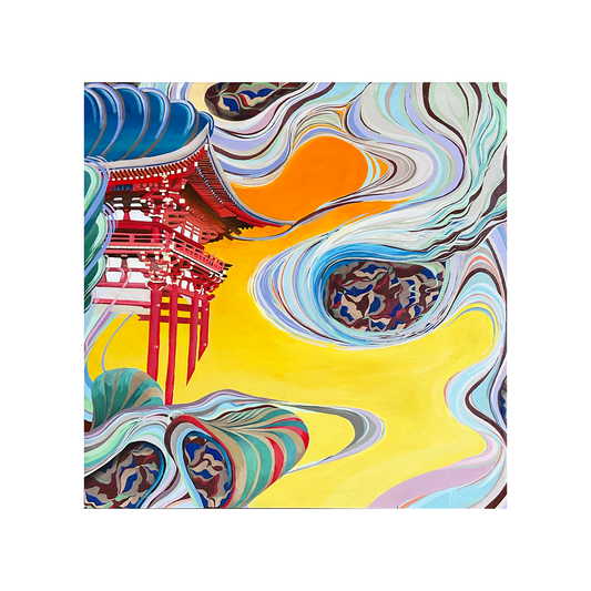 30x30 Large Colorful Abstract Painting by Morozin Art depicting a Japanese Flying Pagoda that talks about Home, Where is Home and Nostalgia