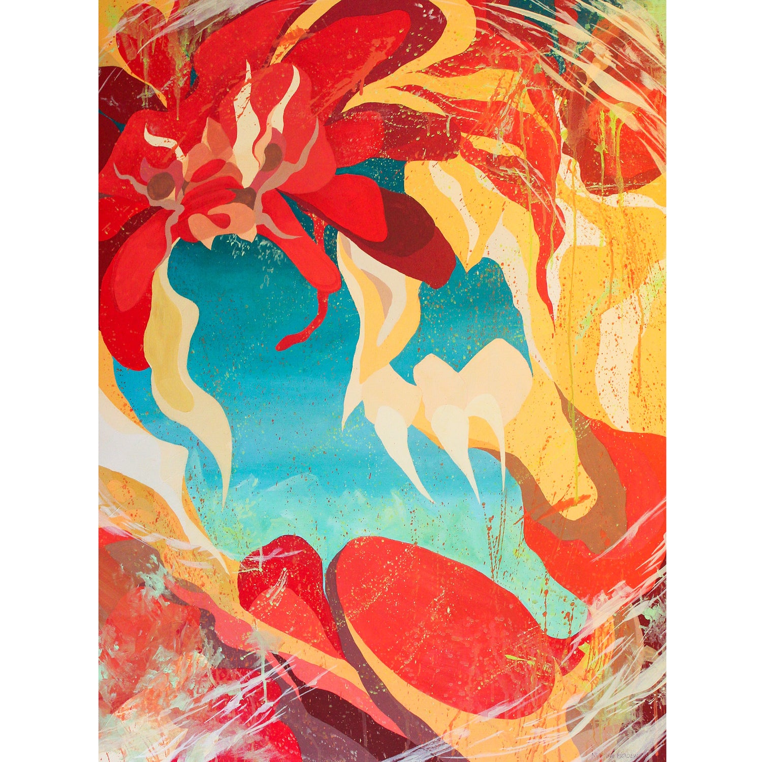 30x40 Large original abstract piece by Nevenka Morozin featuring a red and blue Chimera that symbolizes life's beautiful chaos